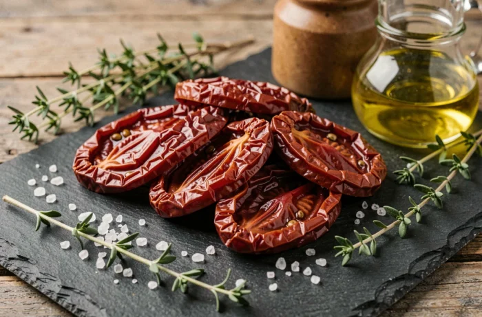 Gros plan de tomates séchées maison sur ardoise avec sel, thym et huile d'olive