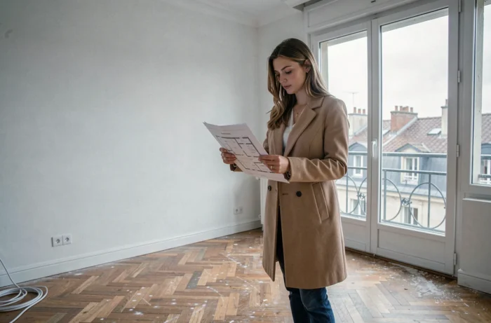 Jeune femme examinant un plan d'appartement lors d'une visite de bien immobilier à rénover en France