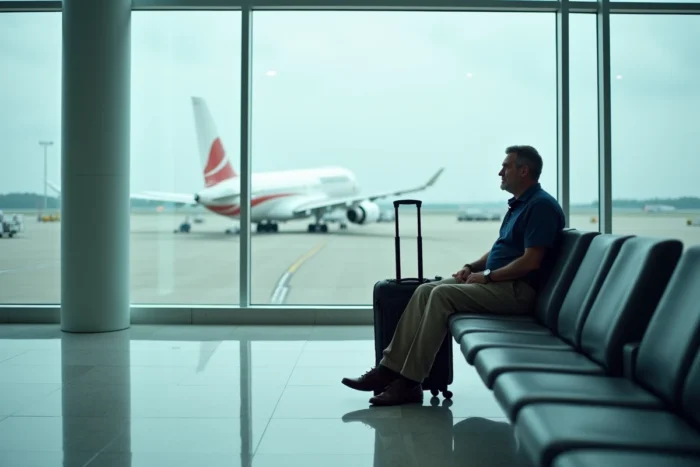 Voyageur masculin assis dans un terminal d'aéroport international avec un avion visible sur le tarmac à travers la vitre