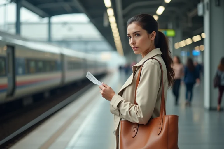 Femme sereine sur un quai de gare moderne avec un train à grande vitesse en arrière-plan, illustrant le voyage en train