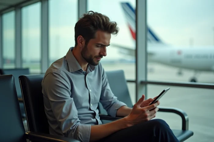 Voyageur vérifiant le statut de son vol Air France sur smartphone à la porte d'embarquement