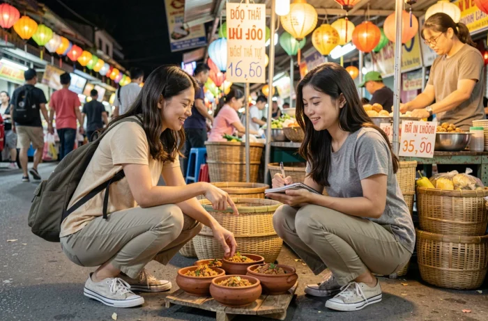 Deux voyageuses découvrant la cuisine de rue vietnamienne dans un marché nocturne animé du nord du Vietnam