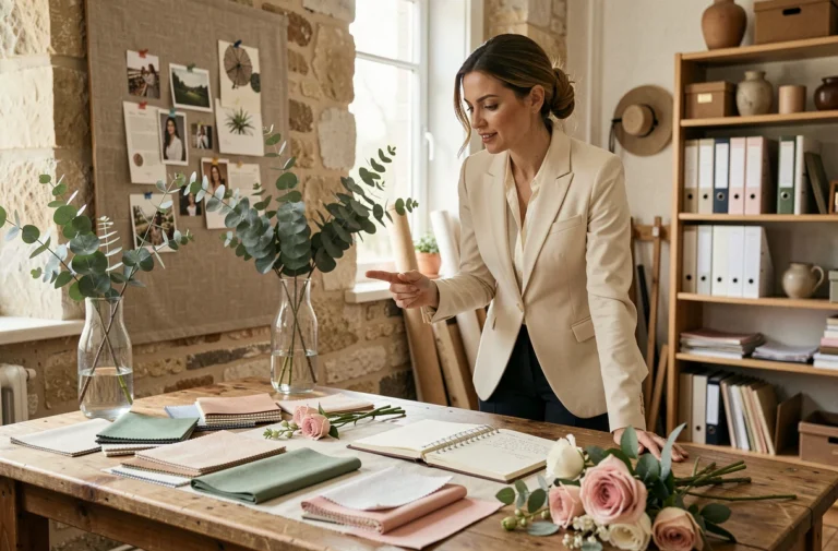 Wedding planner professionnelle organisant les détails sur-mesure d'un mariage dans un atelier parisien décoré de fleurs et d'échantillons de tissus